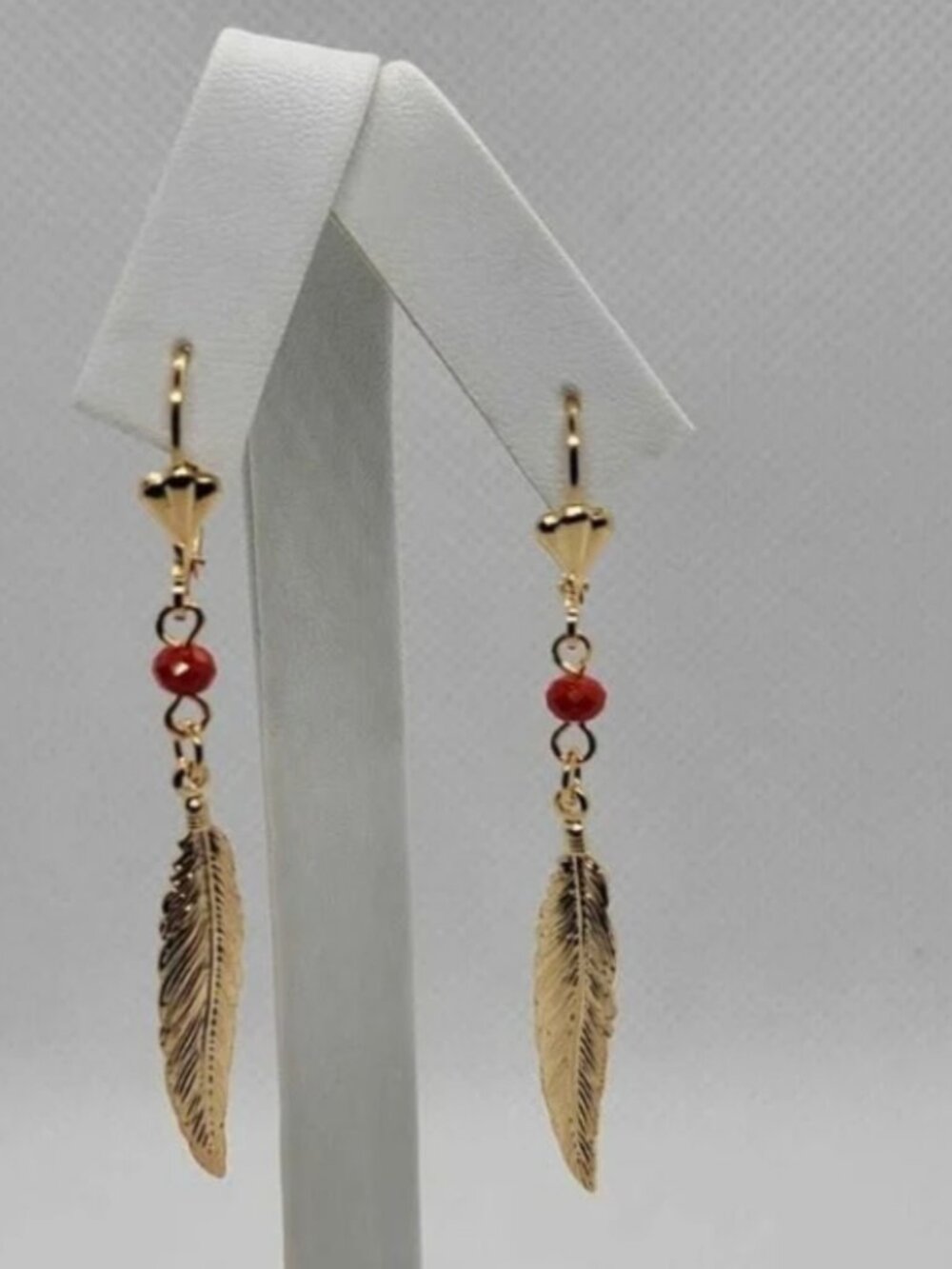 Brazilian 18k Gold Filled Red Bead Feather Earrings